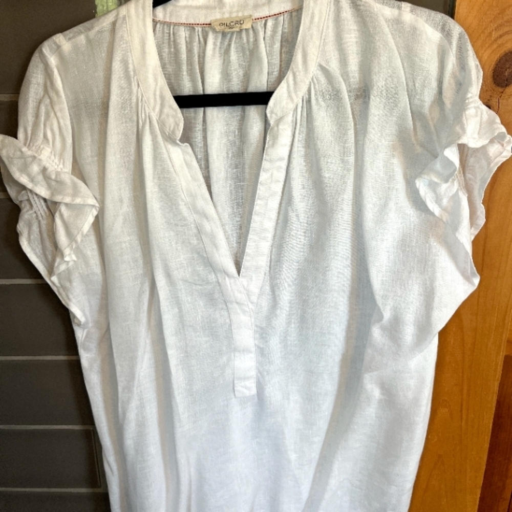 Pilcro White Blouse with Ruffle‎ Sleeves Women’s Size Large Linen Look Summer